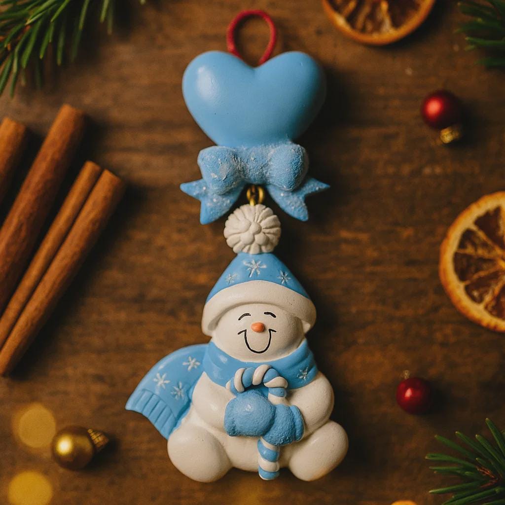 Decorative snowman ornament with blue hat and scarf on a wooden surface with cinnamon sticks and oranges.