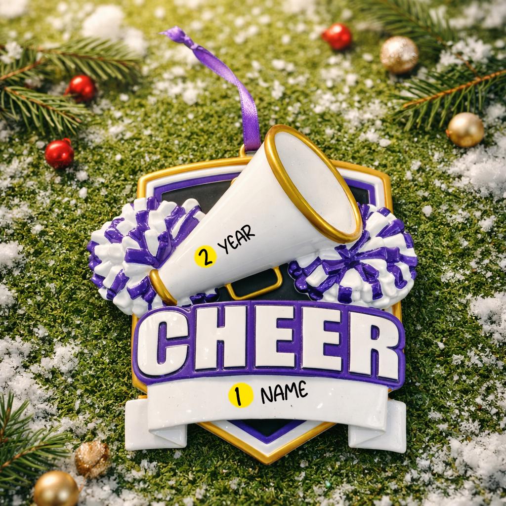 Decorative ornament with megaphone and pom-poms on a green background with snow and decorations.