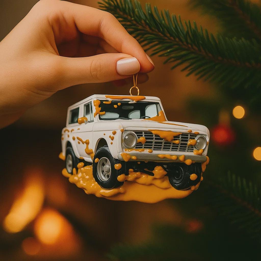 Hand holding a Christmas ornament shaped like a vintage SUV with a snowy design against a blurred festive background.