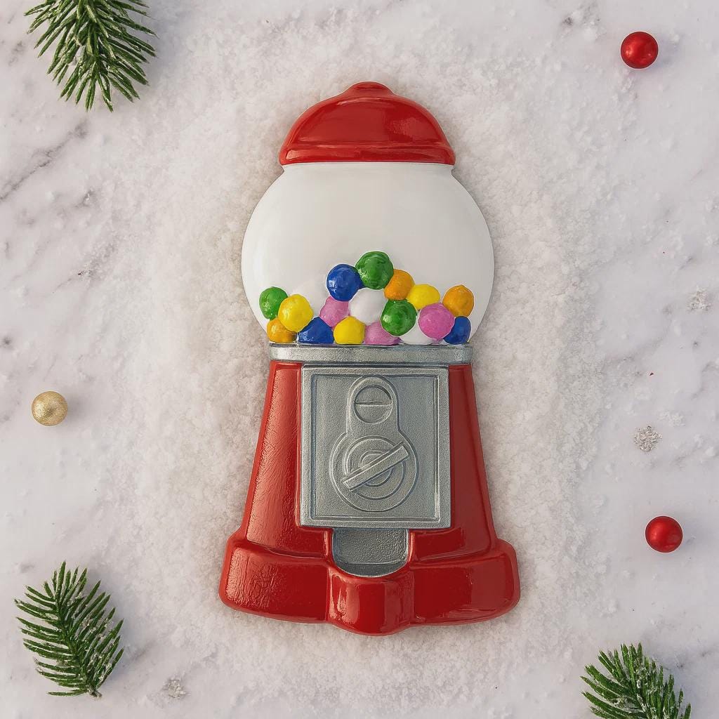 Gumball machine-shaped cookie with colorful gumballs on a snowy background