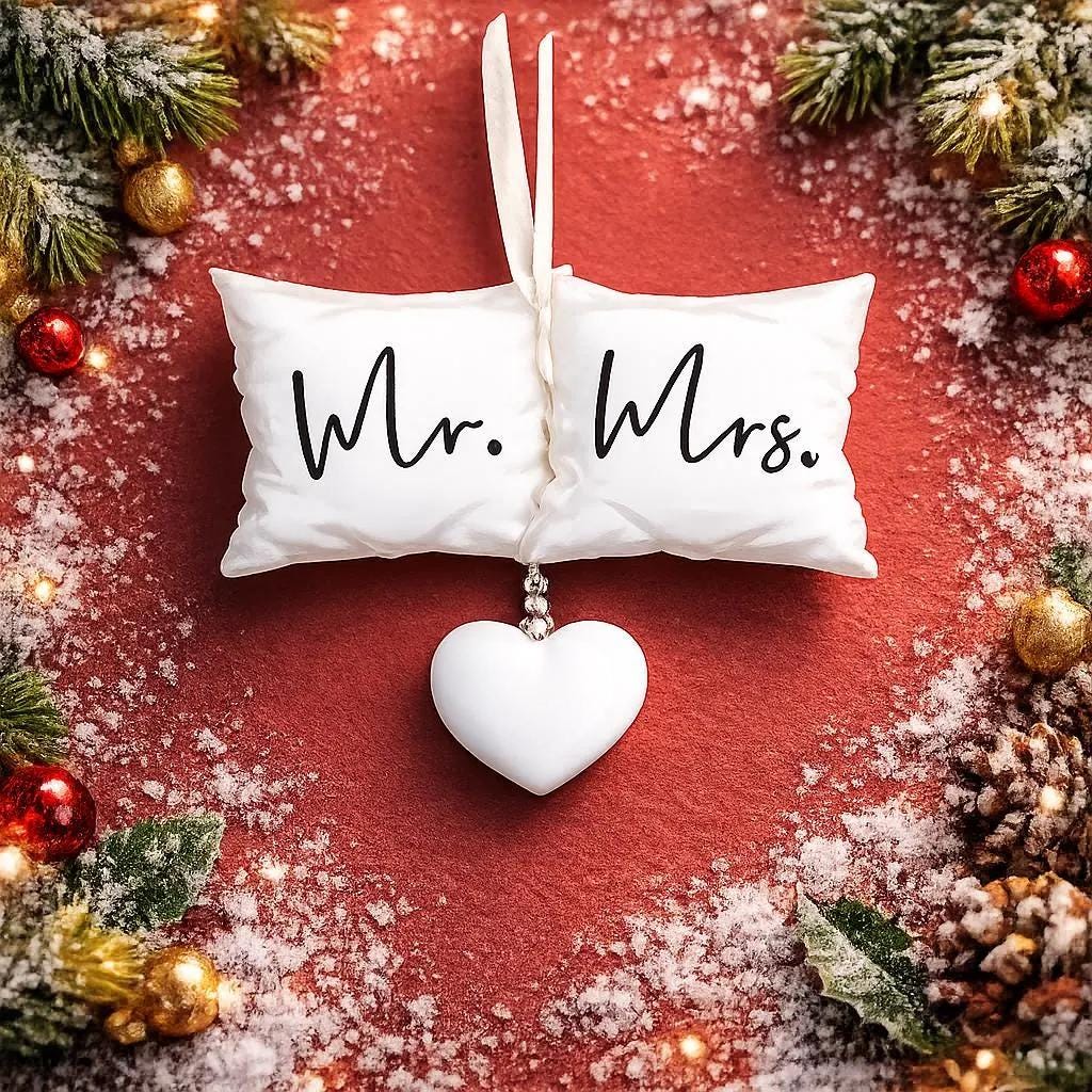 Personalized Mr and Mrs pillow ornament featuring a soft white cushion design with hanging heart detail. A romantic keepsake for newlyweds celebrating their first Christmas married or Valentine’s Day. Perfect wedding gift anniversary decor and couple ornament.