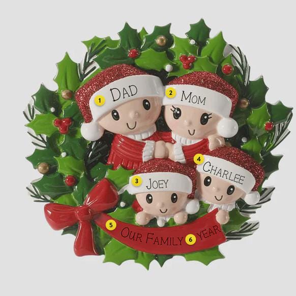 Personalized Family of 4 Christmas Wreath Ornament | Custom Name Xmas Gift