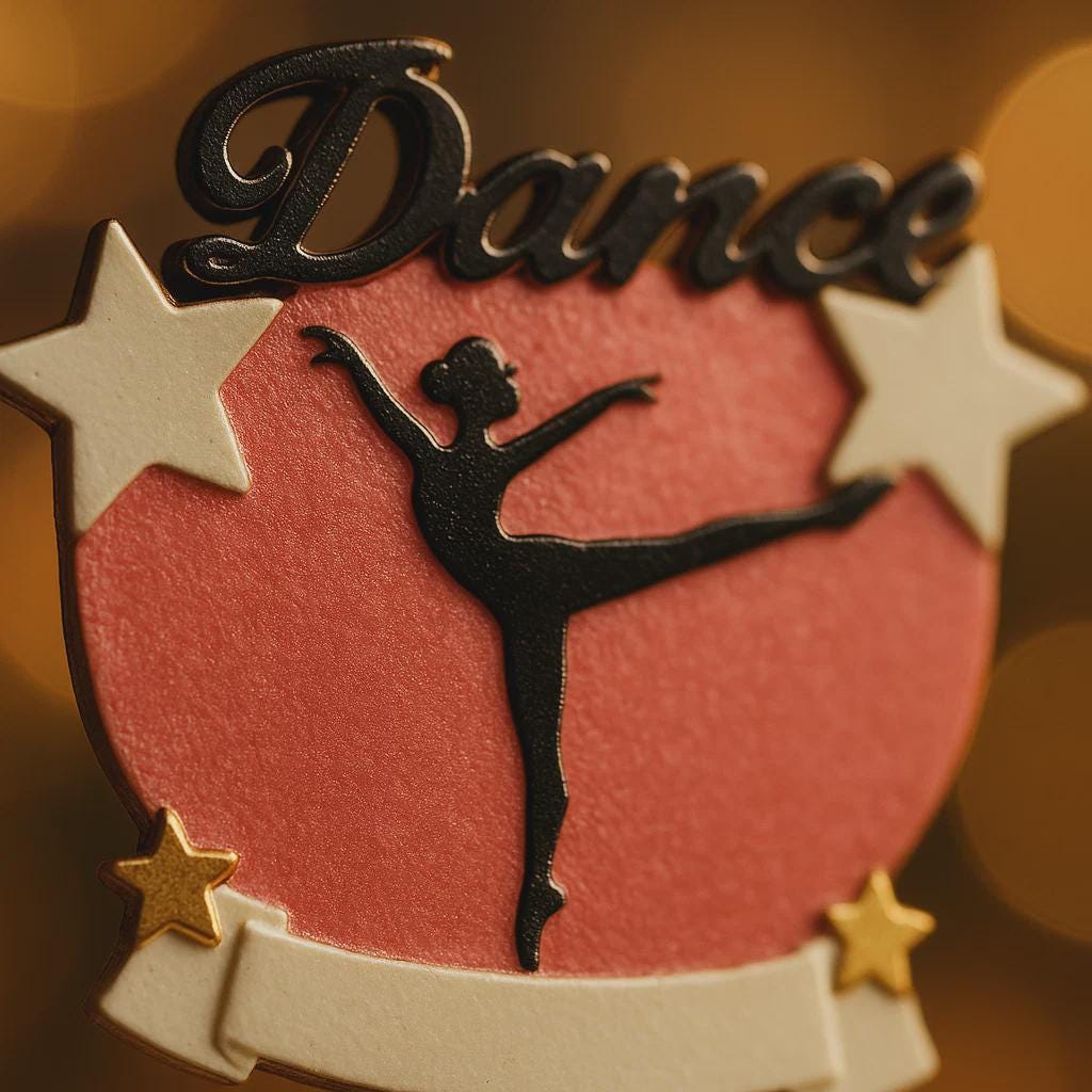 Decorative sign with a dancer silhouette and 'Dance' text on a warm-toned background