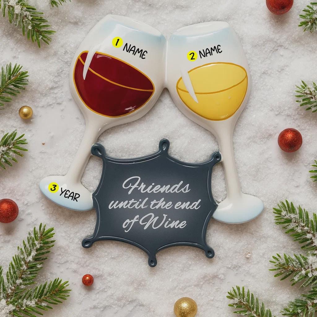 Two novelty wine glasses with a decorative stand on a festive background.