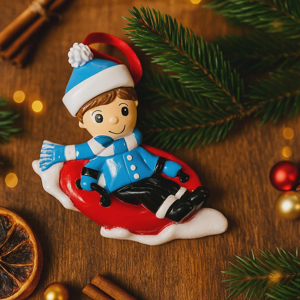 Personalized Boy Sled Christmas Ornament | Holiday Keepsake Gift | Snow Tube Boy Toddler Present