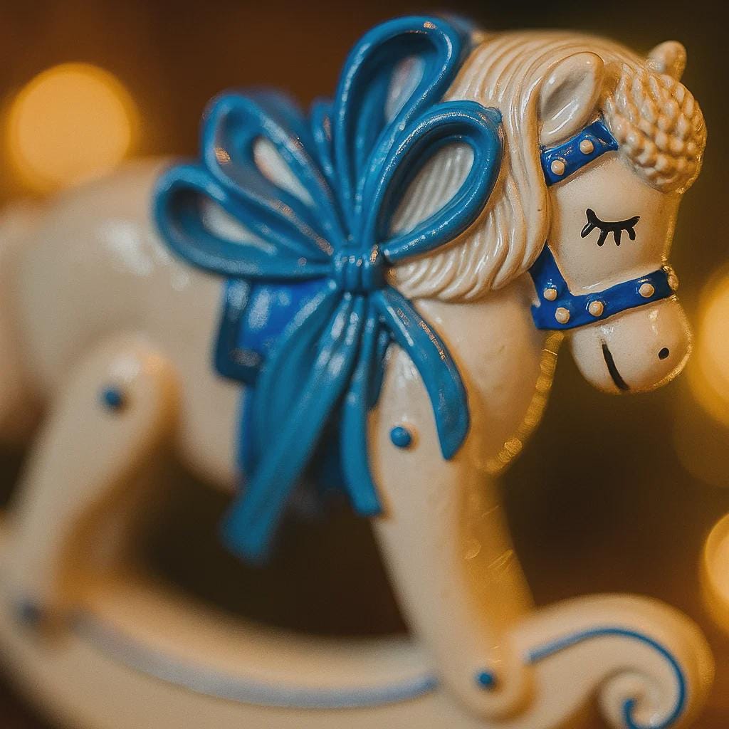 Decorative horse figurine with a blue bow and blindfold against a blurred background