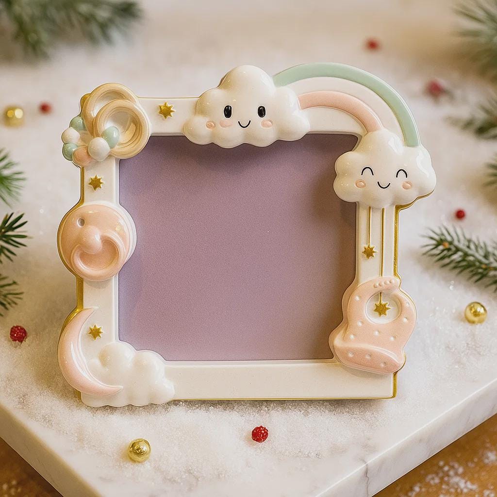 Decorative photo frame with cloud and rainbow design on a marble surface.
