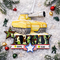 Load image into Gallery viewer, A resin Army tank ornament in bold yellow features a cartoon style military tank with detailed black tracks and raised cannon, camouflage green ARMY lettering across the front, a star accent and American flag inspired base, surrounded by snow texture and festive holiday elements, with handwritten personalization showing one name on the left banner and the year on the right banner, designed as a mostly 2D ornament with raised 3D details on the front only for lightweight Christmas tree decor.
