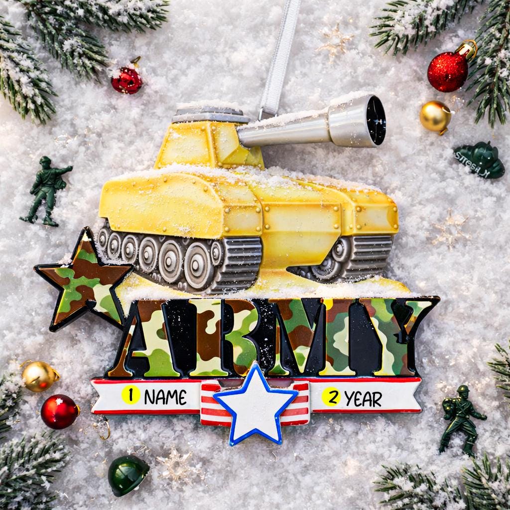 A resin Army tank ornament in bold yellow features a cartoon style military tank with detailed black tracks and raised cannon, camouflage green ARMY lettering across the front, a star accent and American flag inspired base, surrounded by snow texture and festive holiday elements, with handwritten personalization showing one name on the left banner and the year on the right banner, designed as a mostly 2D ornament with raised 3D details on the front only for lightweight Christmas tree decor.