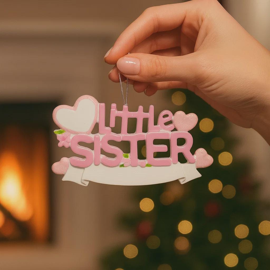 A personalized Little Sister ornament featuring soft pink layered lettering with heart accents and floral details. Designed in gentle pastel tones with a smooth resin finish and subtle glitter highlights. The ornament includes handwritten personalization with a baby name and year, created as a mostly 2D ornament with raised 3D details on the front only. Lightweight and easy to hang, perfect for celebrating a new baby sister and her first Christmas.