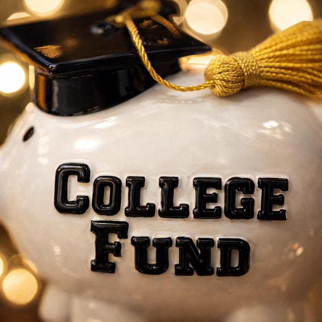 White piggy bank with 'College Fund' text and graduation cap, blurred lights in the background