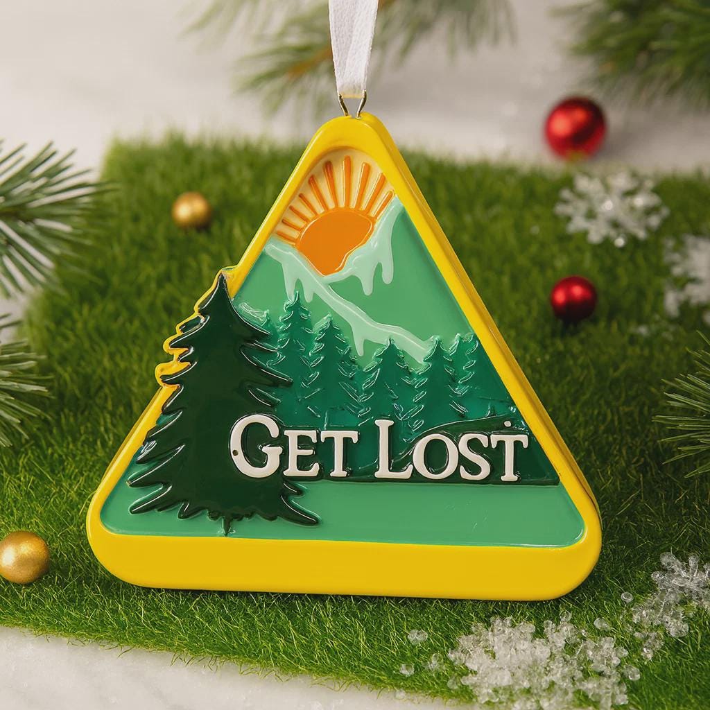 Decorative ornament with 'GET LOST' text on a green background, hanging on a tree.
