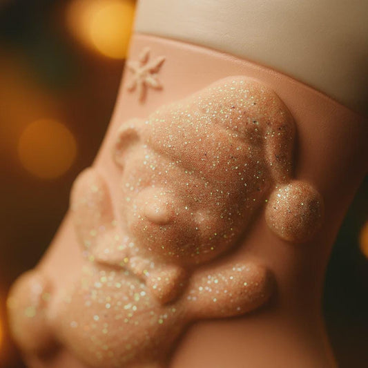 Close-up of a baby bear ornament figurine with glittery texture against a blurred background
