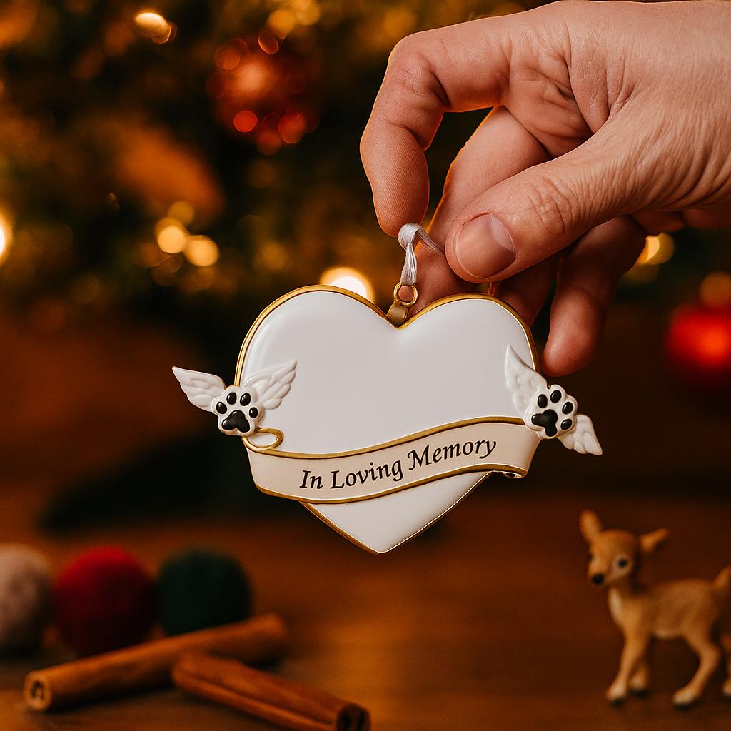 Heart shaped pet memorial Christmas ornament designed to honor the loving memory of a beloved pet. Features angel wing paw details and a soft elegant design that brings comfort and warmth during the holiday season. Includes a customizable name and year area, allowing you to create a meaningful keepsake in remembrance of a cherished companion. Perfect for memorial Christmas trees sympathy gifts pet loss remembrance and heartfelt holiday decor.