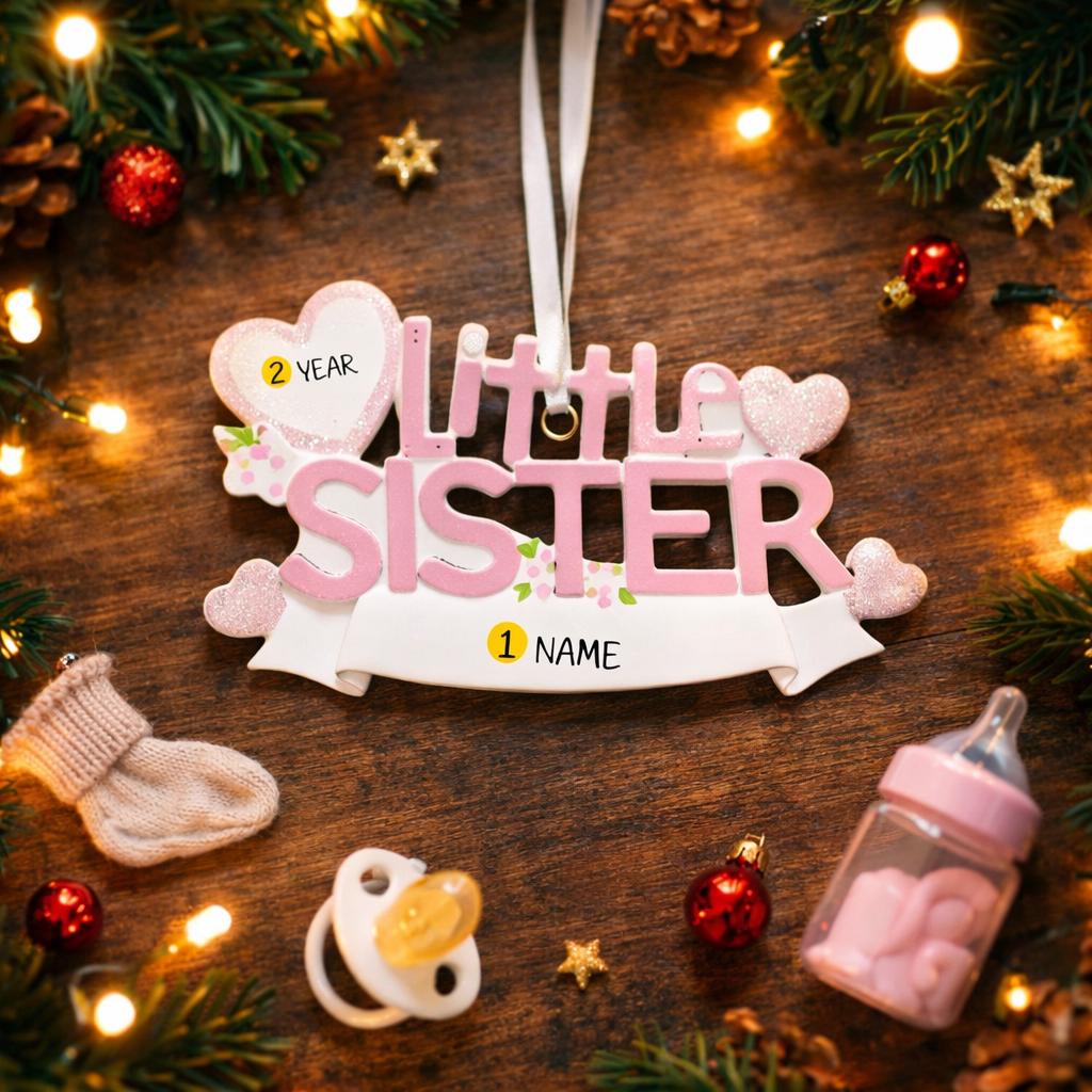 A personalized Little Sister ornament featuring soft pink layered lettering with heart accents and floral details. Designed in gentle pastel tones with a smooth resin finish and subtle glitter highlights. The ornament includes handwritten personalization with a baby name and year, created as a mostly 2D ornament with raised 3D details on the front only. Lightweight and easy to hang, perfect for celebrating a new baby sister and her first Christmas.