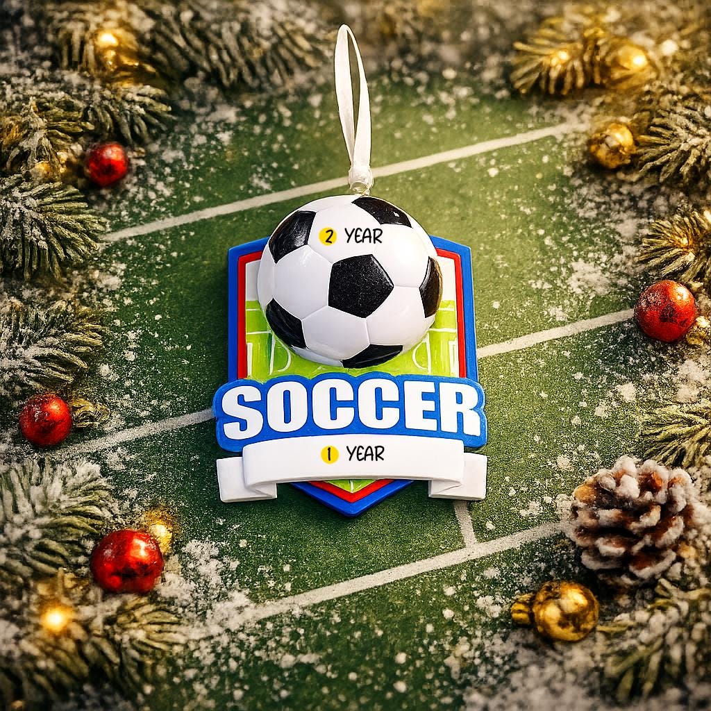 Personalized soccer Christmas ornament featuring a classic black and white soccer ball on a shield style background, customizable name area on the front banner and customizable year area on the soccer ball, glossy finish with raised 3D front details and flat 2D back, white hanging ribbon, displayed on a snowy soccer field themed holiday background with pine branches pinecones and festive decorations.
