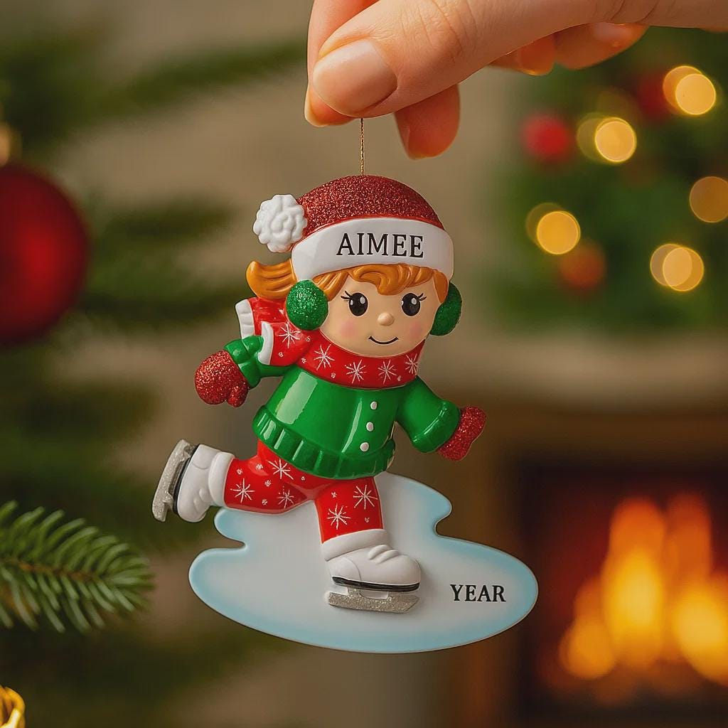 This ice skating girl ornament features a joyful winter character gliding on ice, wearing a festive red and green outfit with cozy winter details. The design highlights a playful skating pose, soft facial expression, and winter accessories that capture the magic of the holiday season. Personalized with a name on the hat and a year on the ice base, this ornament works beautifully as a Christmas tree decoration or winter keepsake gift for children and families.
