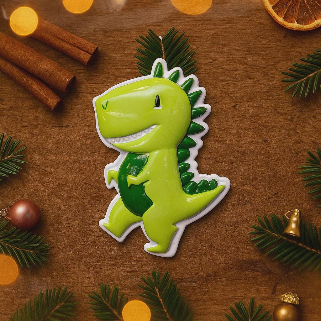 Personalized dinosaur Christmas ornament with a raised 3D front featuring a cute green dinosaur design and glossy detailed texture. The ornament has a flat 2D back for easy hanging and durability. Bright green color, playful smile, and sculpted spikes create a fun and eye catching look. Hand personalized with name and year. Perfect kids Christmas ornament, dinosaur themed holiday decor, and personalized keepsake gift.