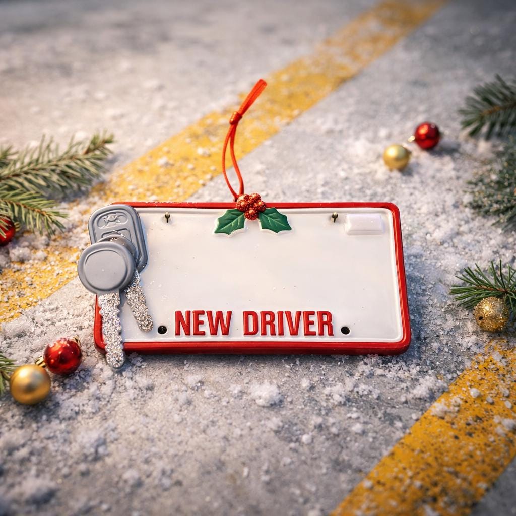 License plate with 'NEW DRIVER' text surrounded by Christmas decorations on a road.