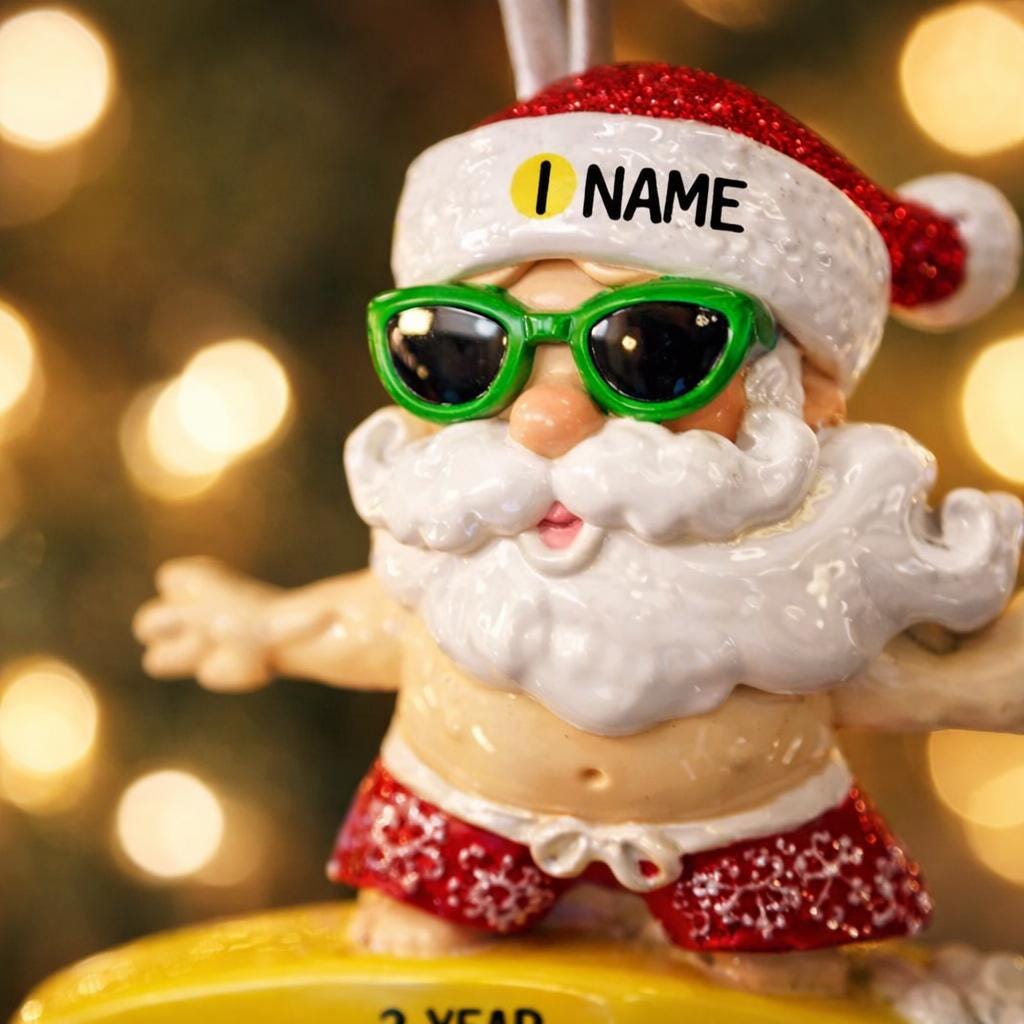 Personalized surfing Santa Christmas ornament featuring a fun beach themed Santa riding a wave on a surfboard. Raised 3D front details add depth while the back remains flat for easy hanging. Custom name and year placement make this ornament a playful and unique holiday keepsake for Christmas tree decor.