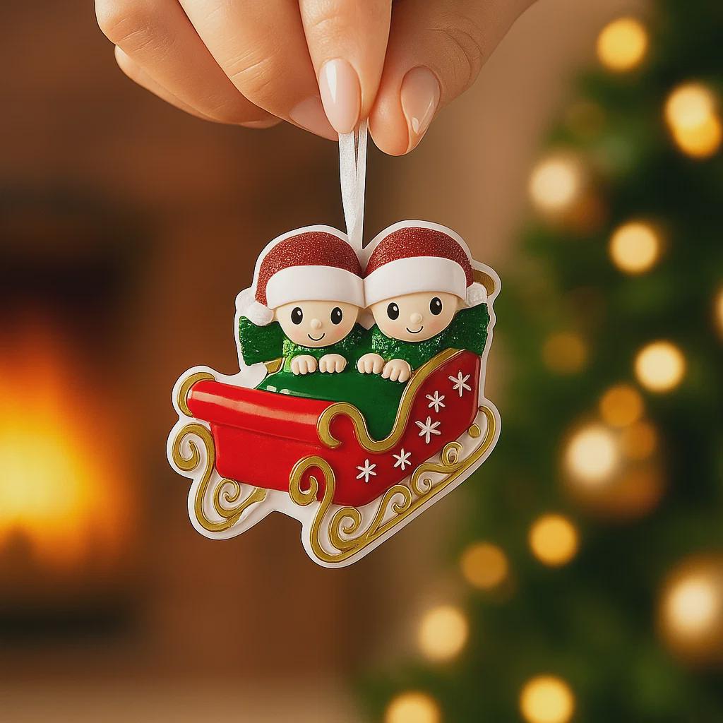 Personalized couple ornament featuring two characters sitting together in a festive sleigh design. This romantic Christmas ornament can be customized with two names and a year or family name, making it perfect for couples, partners, spouses, fiancés, or loved ones. Ideal for celebrating love, togetherness, Valentine’s Day, anniversaries, or first holidays together. A meaningful keepsake for couples who want to turn shared moments into lasting holiday memories.
