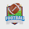 Load image into Gallery viewer, Personalized football Christmas ornament featuring a brown football with stitched details on a shield style background and goalpost design, customizable name area on the front banner and customizable year area on the football, glossy finish with raised 3D front details and flat 2D back, white hanging ribbon, displayed on a snowy football field themed holiday background with pine branches and festive decorations.
