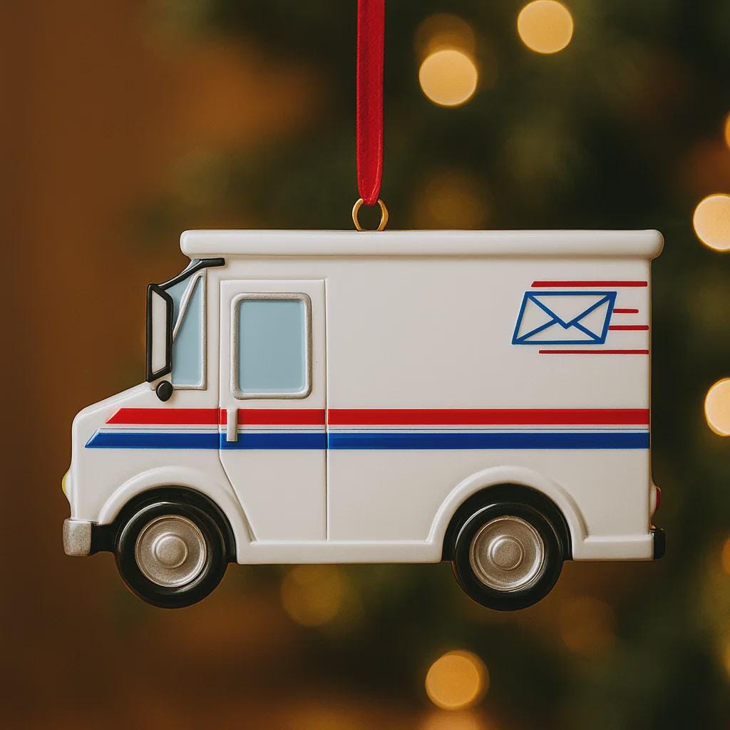 Postal truck ornament with red and blue stripes on a blurred Christmas tree background