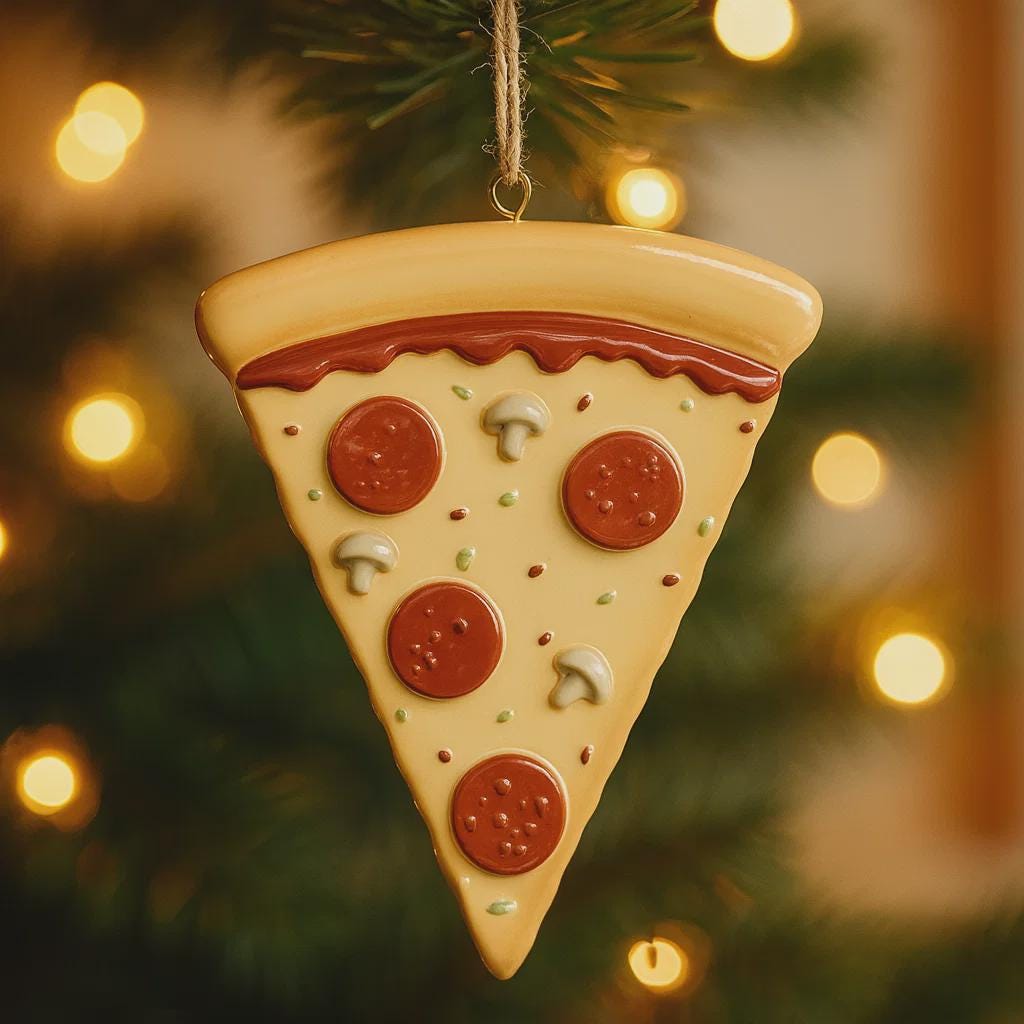 Pizza slice ornament hanging on a Christmas tree with blurred lights in the background