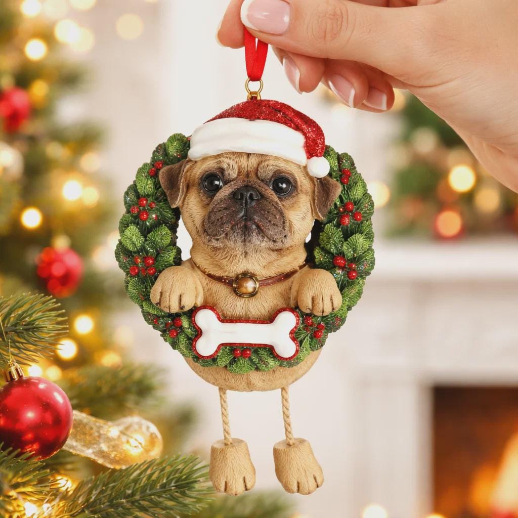 Dog-shaped Christmas ornament with a wreath and Santa hat, held in front of a decorated Christmas tree.