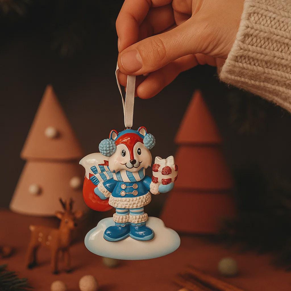 Decorative Christmas ornament of a squirrel holding a bag and gift, held by a hand with a festive background.