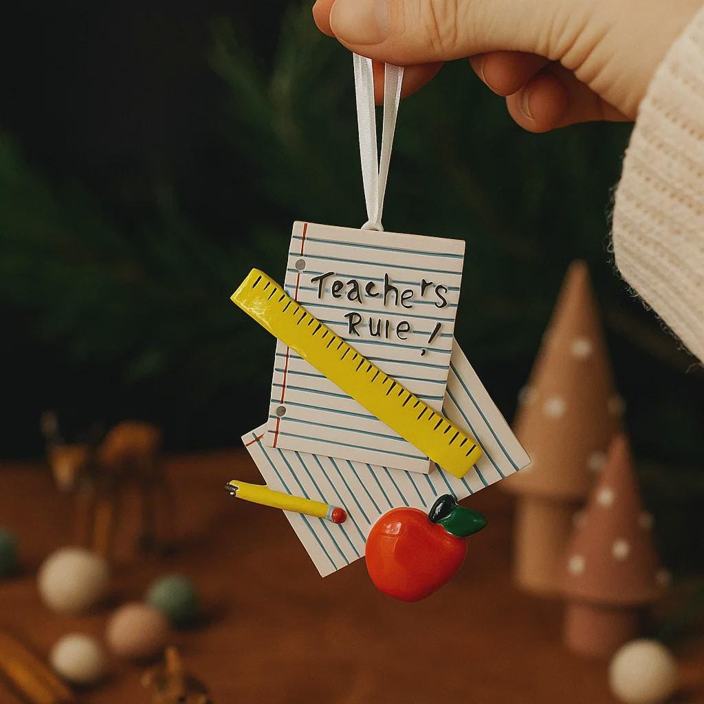 Decorative ornament shaped like paper book with a ruler, pen, and red apple on a green background with Christmas elements.