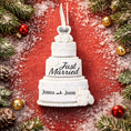 Load image into Gallery viewer, Personalized just married wedding cake ornament featuring a classic white tiered cake design with custom names and year. A timeless keepsake for newlyweds celebrating their first Christmas married wedding anniversary or Valentine’s Day.
