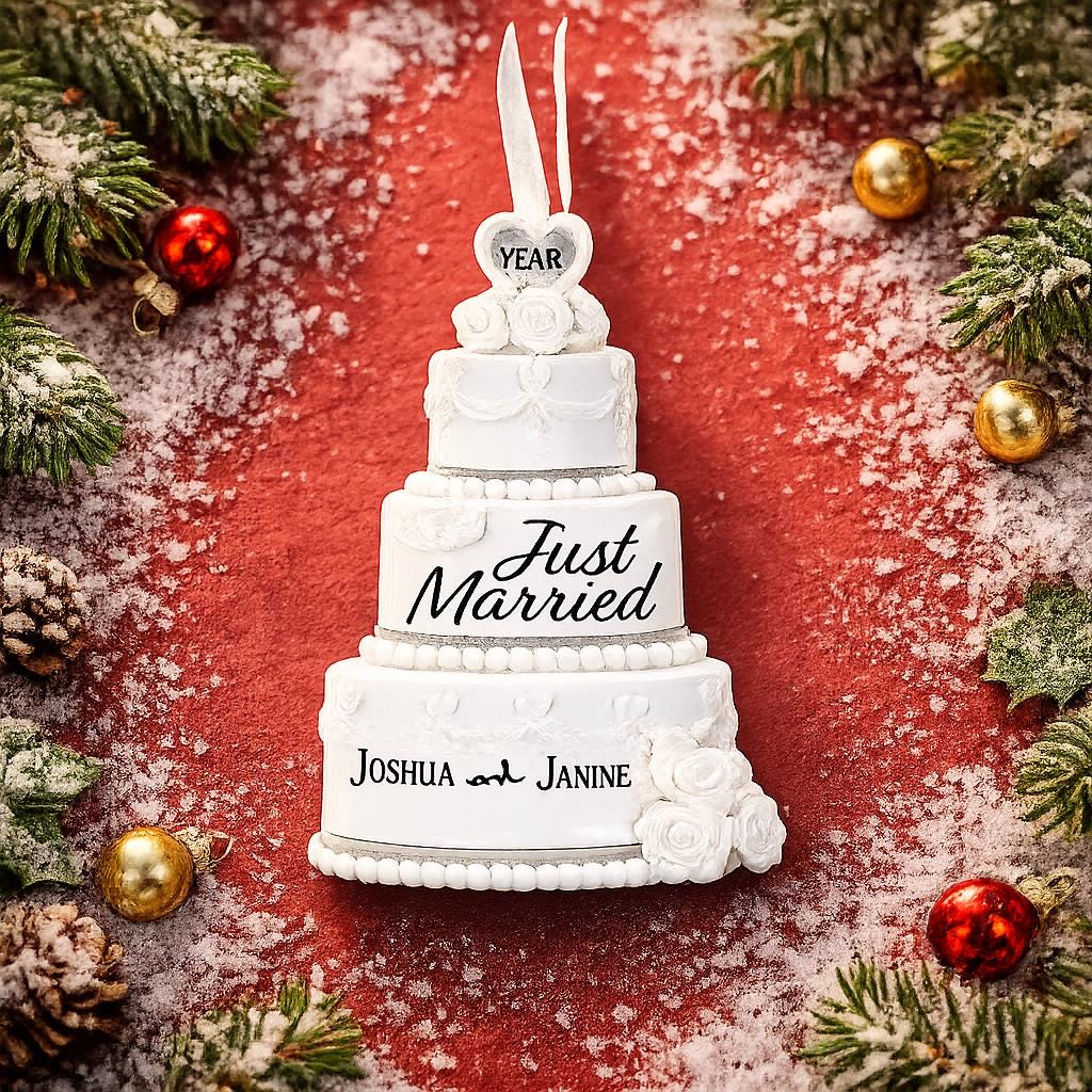 Personalized just married wedding cake ornament featuring a classic white tiered cake design with custom names and year. A timeless keepsake for newlyweds celebrating their first Christmas married wedding anniversary or Valentine’s Day.
