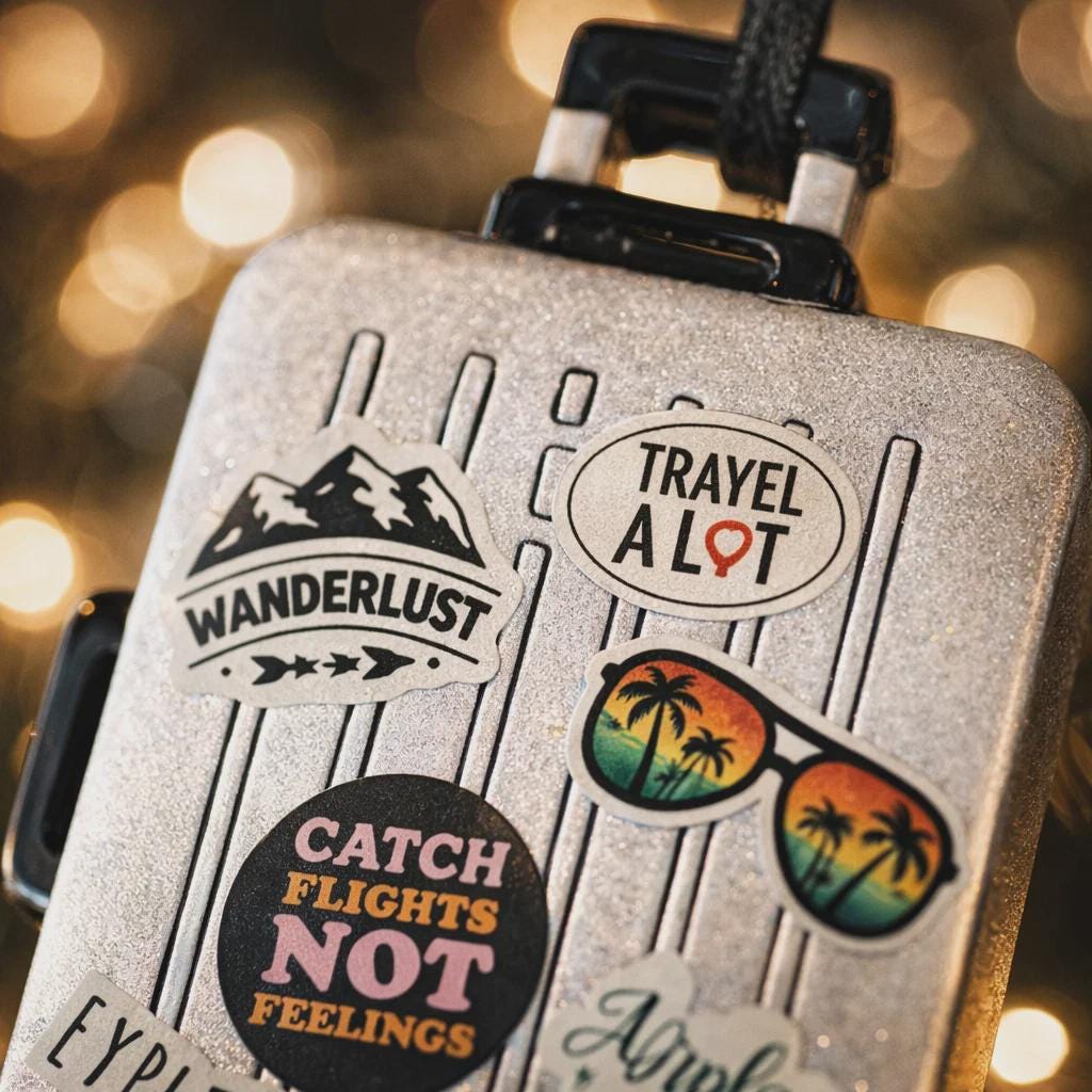Silver suitcase with travel-themed stickers on a blurred background