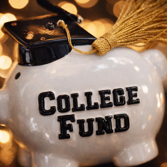 Piggy bank labeled 'College Fund' with a graduation cap and tassel on a blurred background
