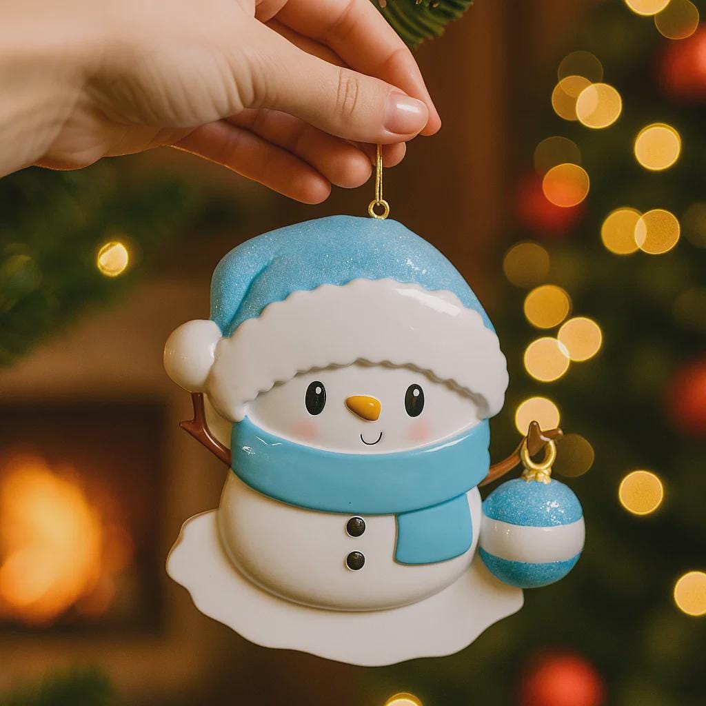Personalized Snowman Baby Christmas Ornament featuring a cheerful snowman with blue glitter hat and scarf, holding a sparkling ornament. This design has a raised 3D front with textured details, dimensional elements, and vibrant winter colors. The child’s name is placed on the scarf and the year is added below. A perfect keepsake for baby’s first Christmas, newborn gift, winter holiday decoration, and meaningful family tree memory ornament.