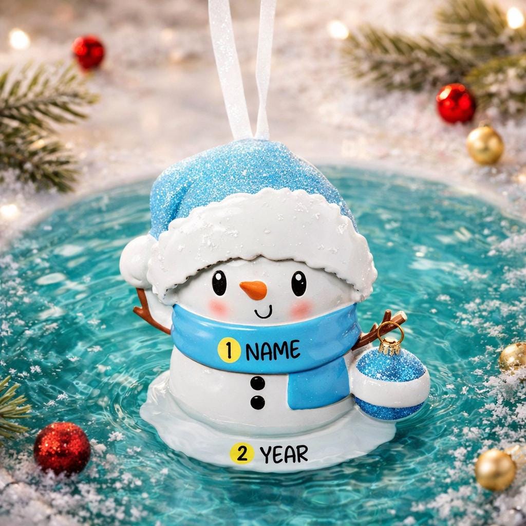 Personalized Snowman Baby Christmas Ornament featuring a cheerful snowman with blue glitter hat and scarf, holding a sparkling ornament. This design has a raised 3D front with textured details, dimensional elements, and vibrant winter colors. The child’s name is placed on the scarf and the year is added below. A perfect keepsake for baby’s first Christmas, newborn gift, winter holiday decoration, and meaningful family tree memory ornament.