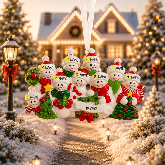 Snowman Family of 9 Christmas Ornament | Personalized Names and Year | Winter Tree Decor Keepsake