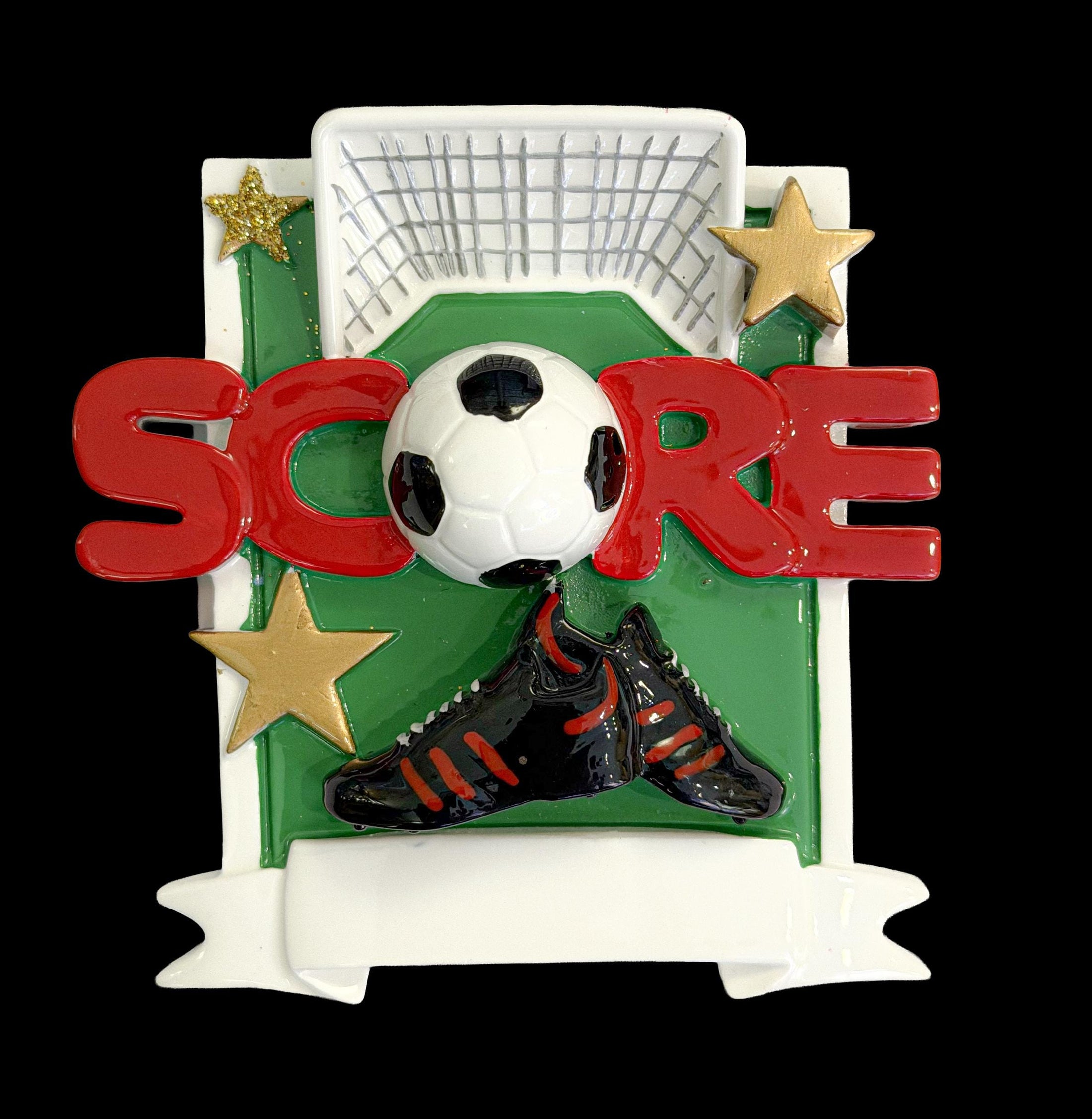 Soccer-themed ornament with 'Score' text, soccer ball, and cleats on a black background.