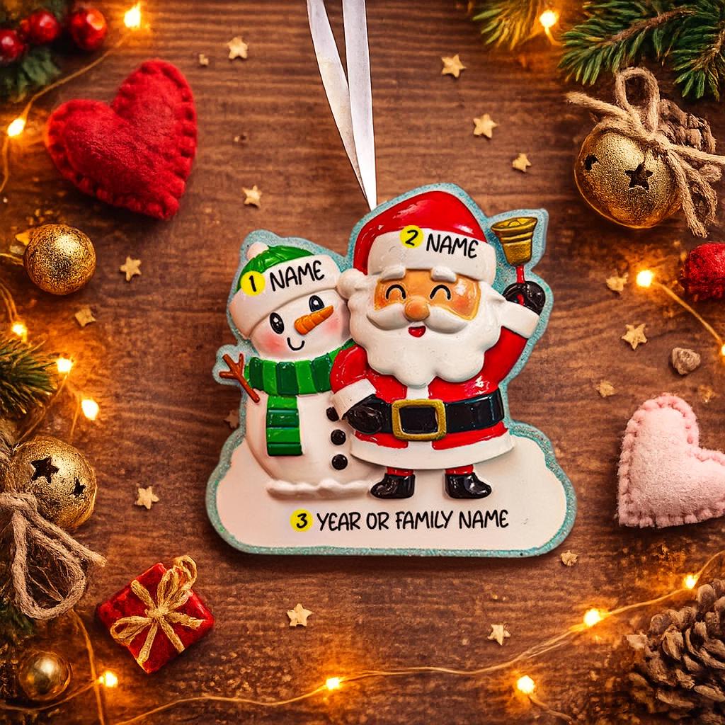 Personalized Santa and snowman ornament featuring a classic Christmas design with Santa holding a bell and a smiling snowman standing beside him. The ornament includes custom name and year personalization on the figures and base. Finished with a smooth glossy surface and detailed 3D front, it is designed for easy hanging on a Christmas tree. Perfect for festive holiday decor, family keepsakes, and seasonal gift giving.