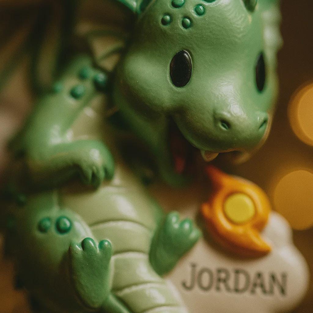 green dragon ornament designed with a fully sculpted 3D front that showcases raised details and expressive features, paired with a smooth 2D flat back for lightweight hanging. The glossy finish enhances the depth of the front design while keeping the back clean and minimal. Personalized name and year placement are clearly visible, making this dragon ornament a magical keepsake and a charming addition to holiday decor or fantasy themed collections.