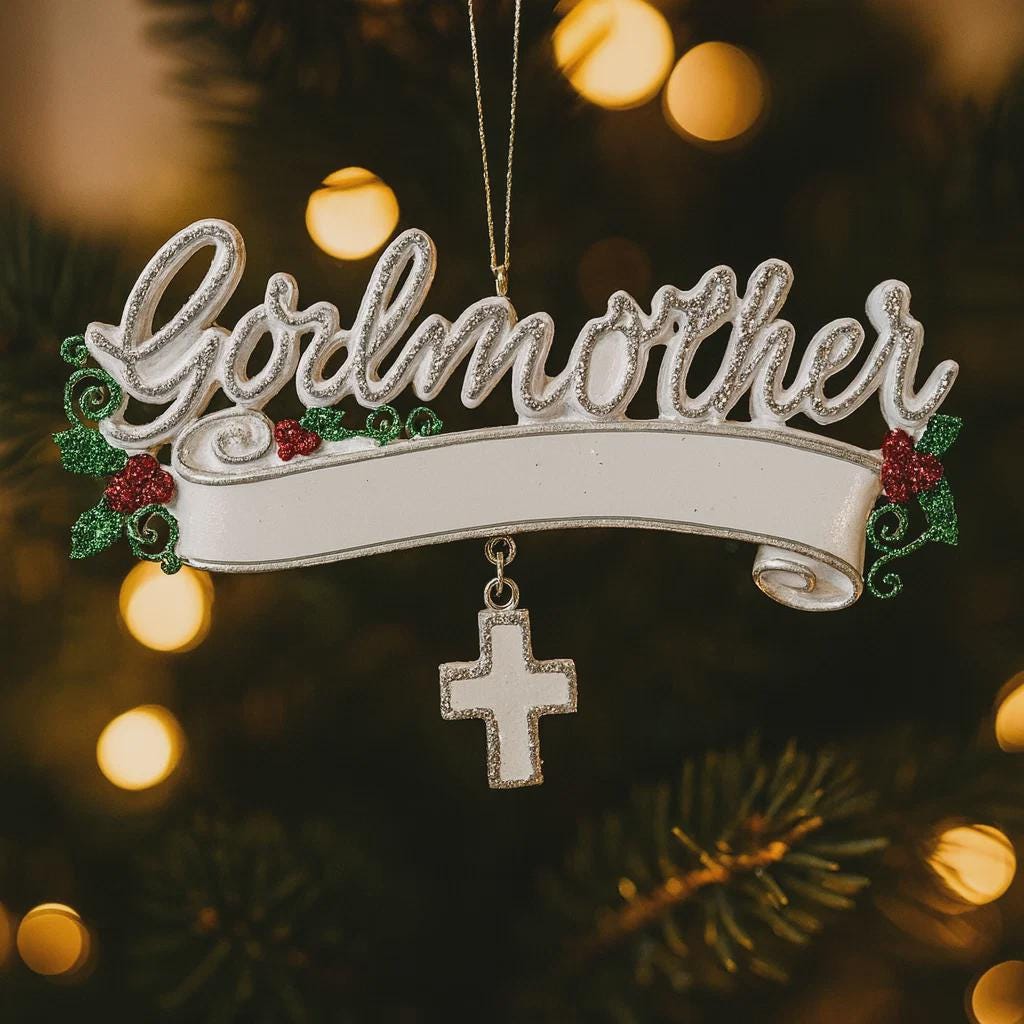 Decorative ornament with 'Godmother' text and cross charm on a blurred Christmas tree background.