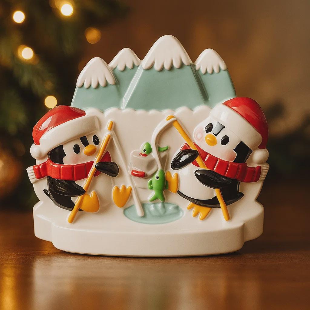 Decorative ornament with penguins and a duck in a snowy scene, Christmas tree in the background.