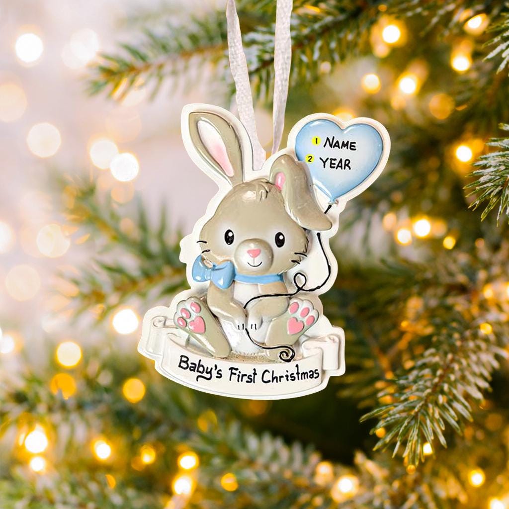 Baby Bunny Boy First Christmas Ornament | Personalized Animal Keepsake | Raised 3D Details