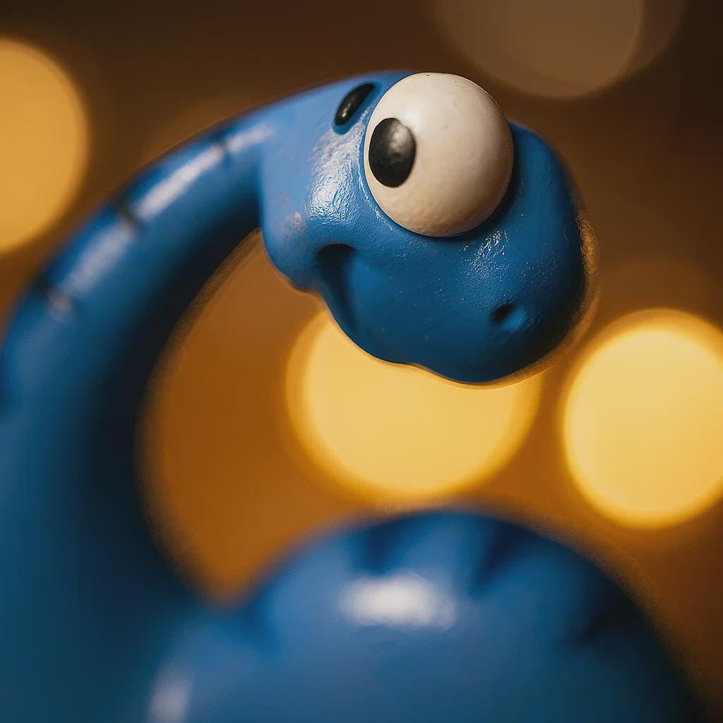 Blue toy snake with a single eye on a blurred yellow background