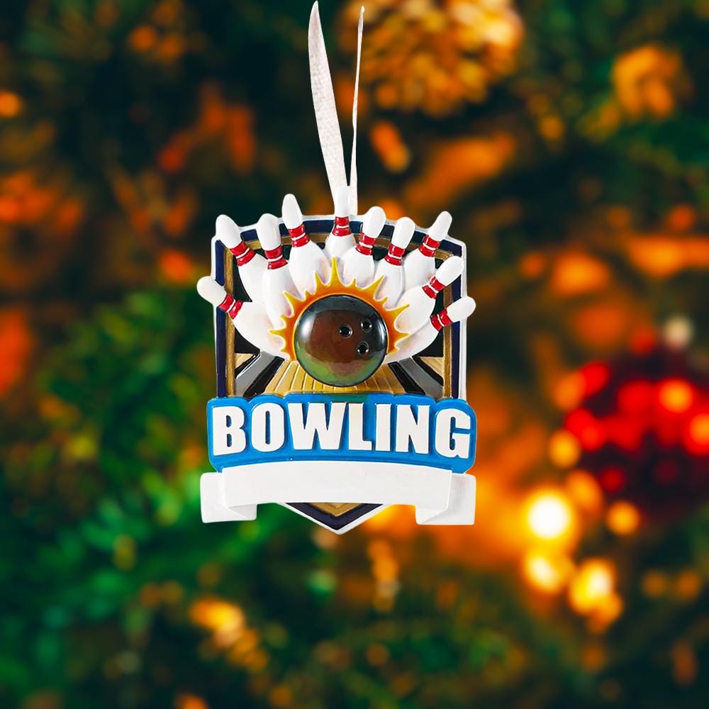 Bowling themed Christmas ornament featuring a raised 3D bowling ball striking detailed bowling pins on a shield style base. Personalized name and year placement is clearly visible on the front. Festive holiday styling with sports inspired details makes this ornament a perfect keepsake for bowling fans league players and Christmas tree decor.