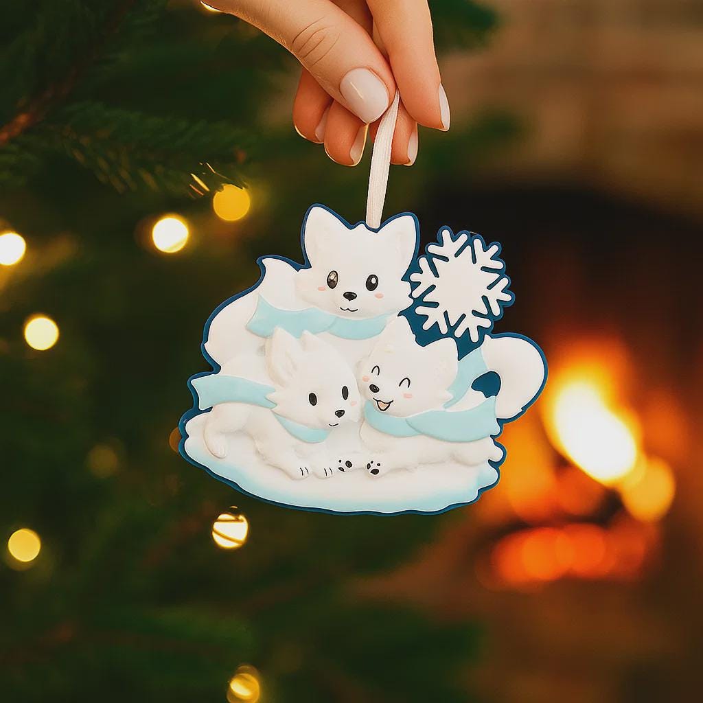 Decorative Christmas ornament with polar bears on a tree with warm glow