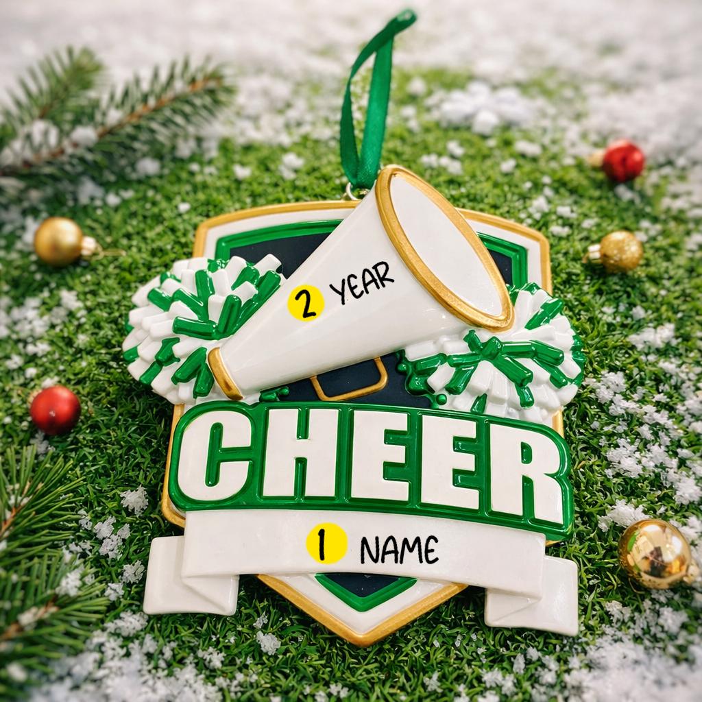 Decorative ornament for a cheerleader with a megaphone and pom-poms on a grassy background.