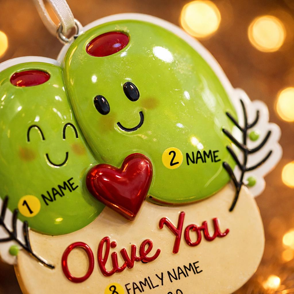 Decorative ornament with two green olives holding a red heart, text 'Olive You', and customizable names on a blurred light background.
