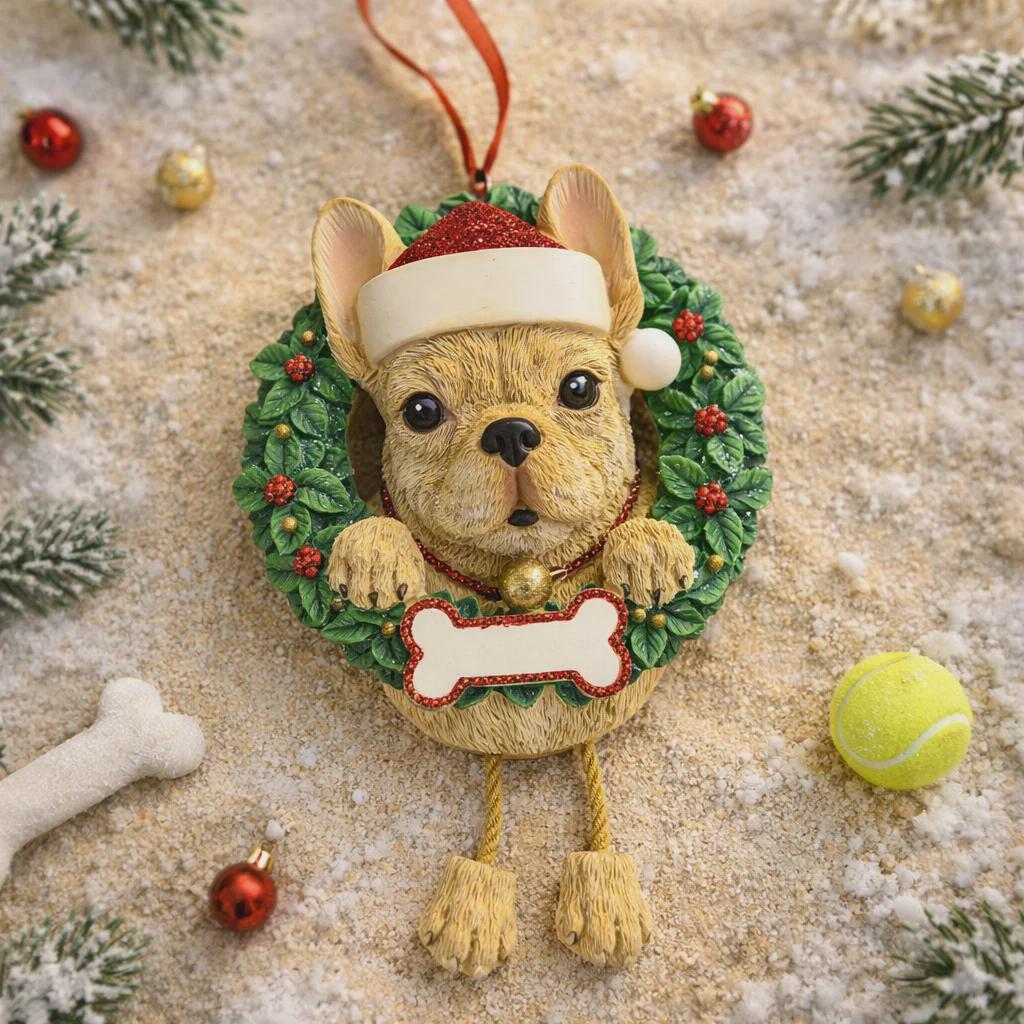 Dog-shaped Christmas ornament with a wreath, bone tag, and festive decorations on a sandy background.